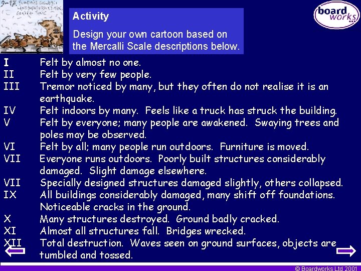 Activity Design your own cartoon based on the Mercalli Scale descriptions below. I II