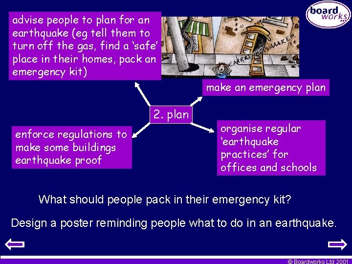 advise people to plan for an earthquake (eg tell them to turn off the