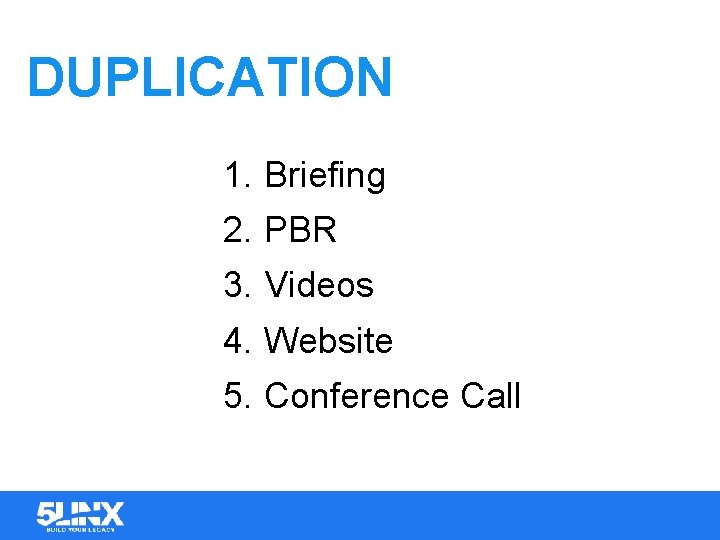 DUPLICATION 1. Briefing 2. PBR 3. Videos 4. Website 5. Conference Call 