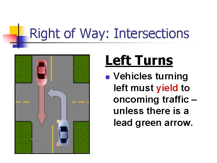 Right of Way: Intersections Left Turns n Vehicles turning left must yield to oncoming