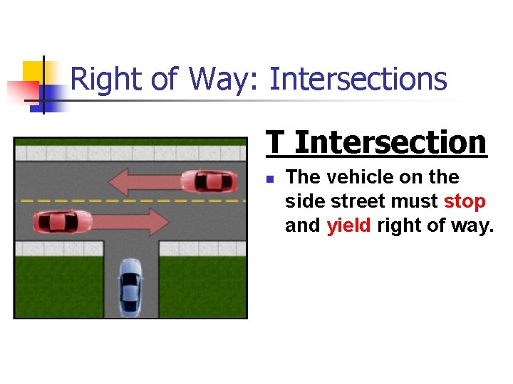 Right of Way: Intersections T Intersection n The vehicle on the side street must