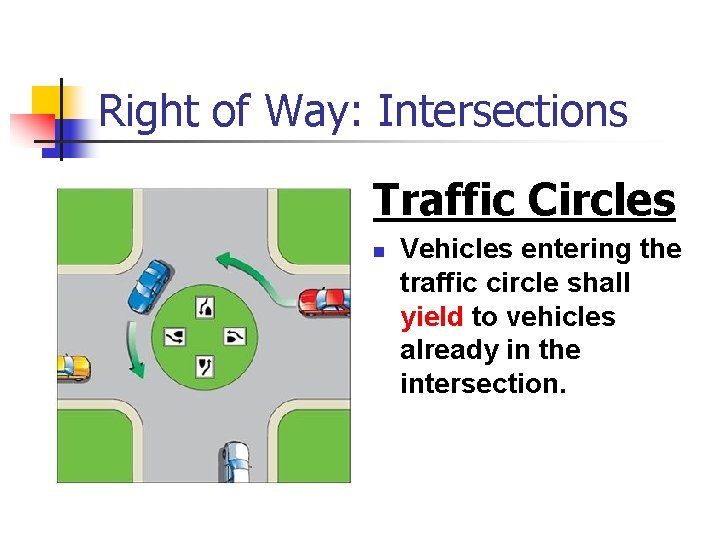 Right of Way: Intersections Traffic Circles n Vehicles entering the traffic circle shall yield