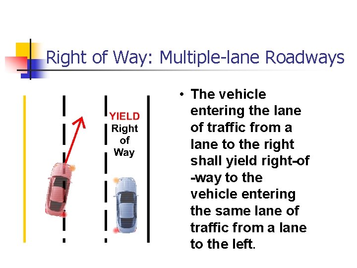 Right of Way: Multiple-lane Roadways • The vehicle entering the lane of traffic from