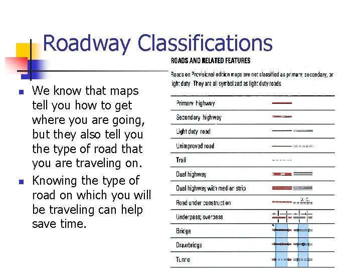 Roadway Classifications n n We know that maps tell you how to get where