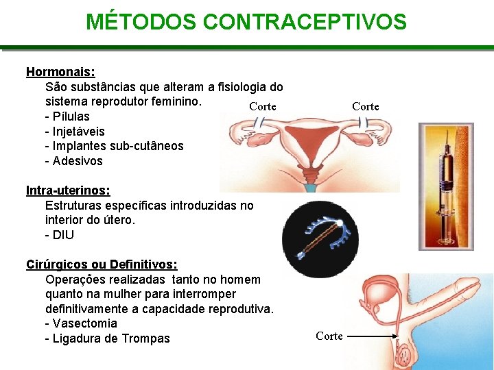 MÉTODOS CONTRACEPTIVOS Hormonais: São substâncias que alteram a fisiologia do sistema reprodutor feminino. Corte