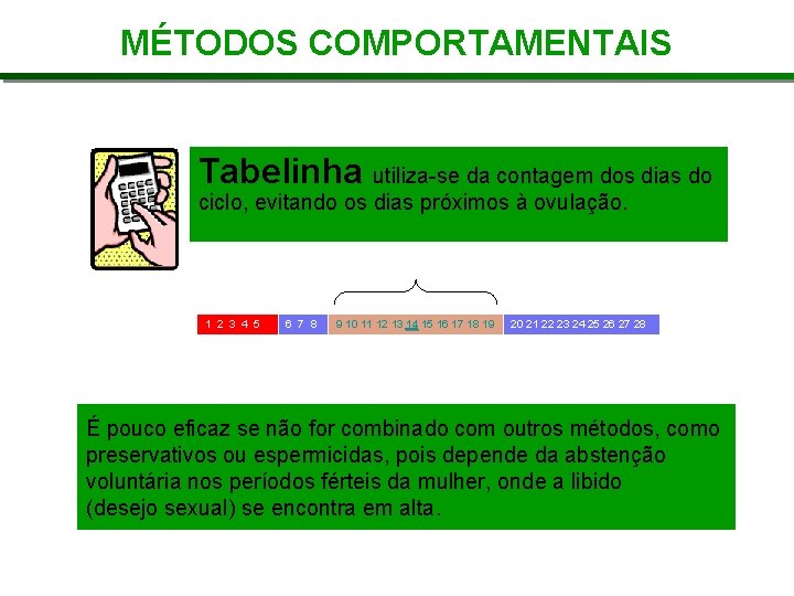 MÉTODOS COMPORTAMENTAIS Tabelinha utiliza-se da contagem dos dias do ciclo, evitando os dias próximos