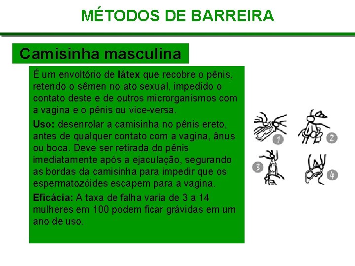 MÉTODOS DE BARREIRA Camisinha masculina É um envoltório de látex que recobre o pênis,