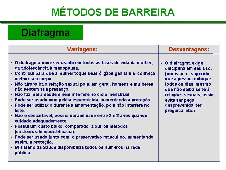 MÉTODOS DE BARREIRA Diafragma Vantagens: Desvantagens: • O diafragma pode ser usado em todas