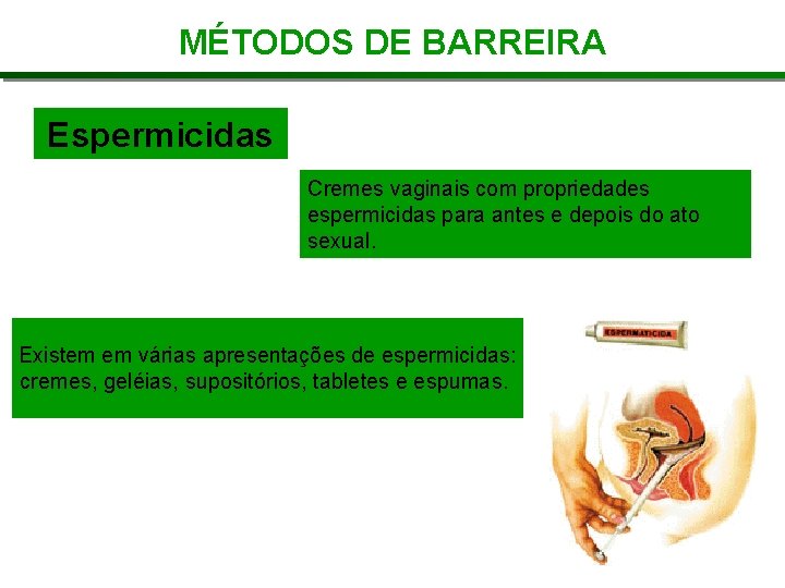 MÉTODOS DE BARREIRA Espermicidas Cremes vaginais com propriedades espermicidas para antes e depois do