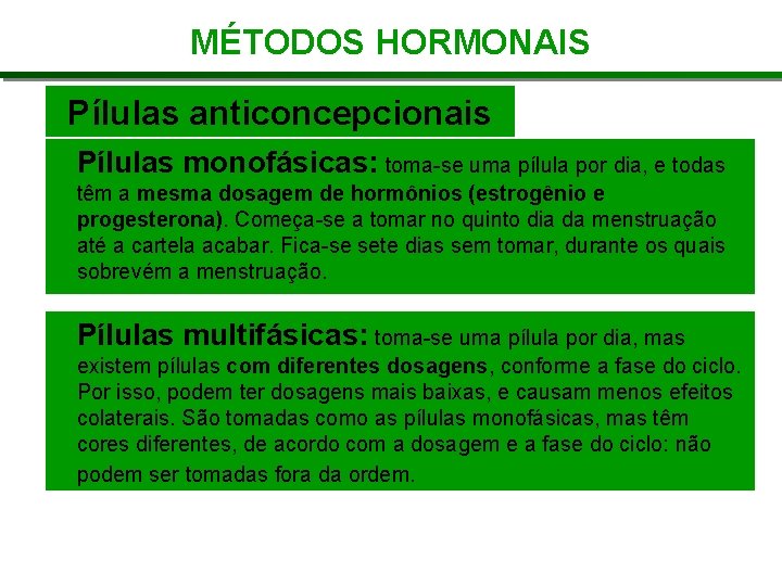 MÉTODOS HORMONAIS Pílulas anticoncepcionais Pílulas monofásicas: toma-se uma pílula por dia, e todas têm