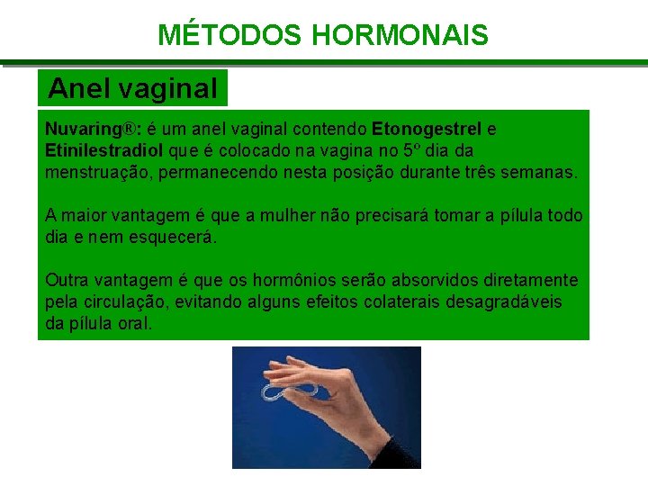 MÉTODOS HORMONAIS Anel vaginal Nuvaring®: é um anel vaginal contendo Etonogestrel e Etinilestradiol que