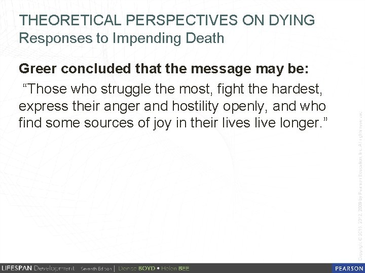 THEORETICAL PERSPECTIVES ON DYING Responses to Impending Death Greer concluded that the message may