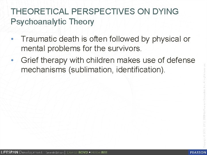 THEORETICAL PERSPECTIVES ON DYING Psychoanalytic Theory • Traumatic death is often followed by physical