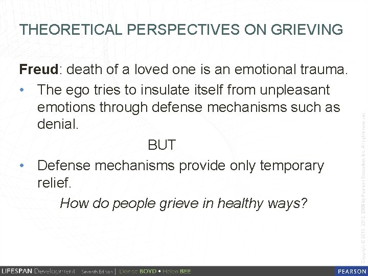 THEORETICAL PERSPECTIVES ON GRIEVING Freud: death of a loved one is an emotional trauma.