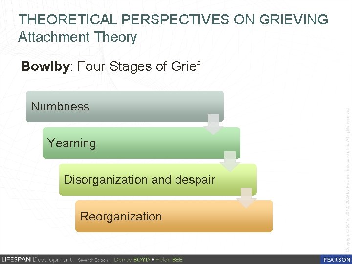 THEORETICAL PERSPECTIVES ON GRIEVING Attachment Theory Bowlby: Four Stages of Grief Numbness Yearning Disorganization
