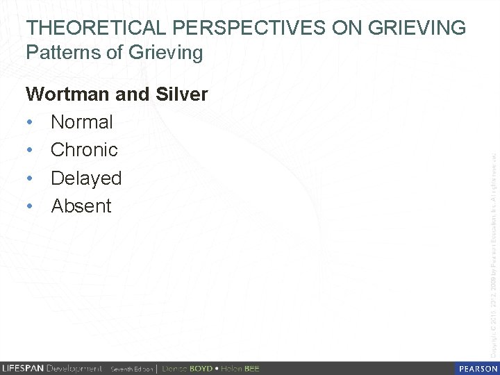 THEORETICAL PERSPECTIVES ON GRIEVING Patterns of Grieving Wortman and Silver • Normal • Chronic