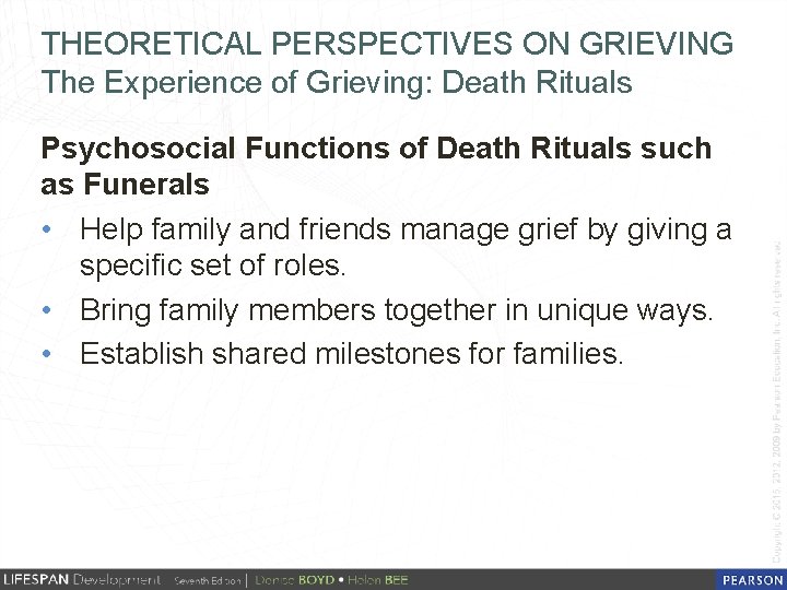 THEORETICAL PERSPECTIVES ON GRIEVING The Experience of Grieving: Death Rituals Psychosocial Functions of Death