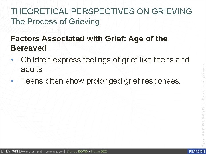 THEORETICAL PERSPECTIVES ON GRIEVING The Process of Grieving Factors Associated with Grief: Age of