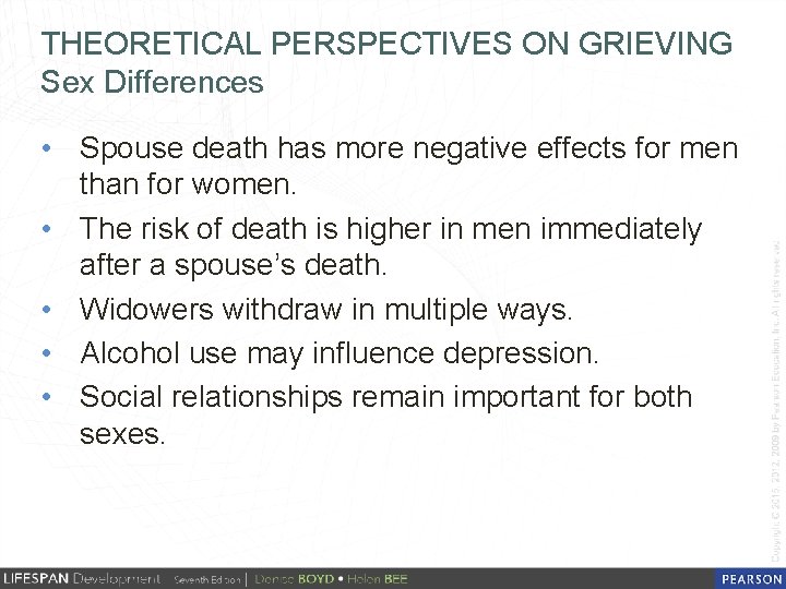 THEORETICAL PERSPECTIVES ON GRIEVING Sex Differences • Spouse death has more negative effects for