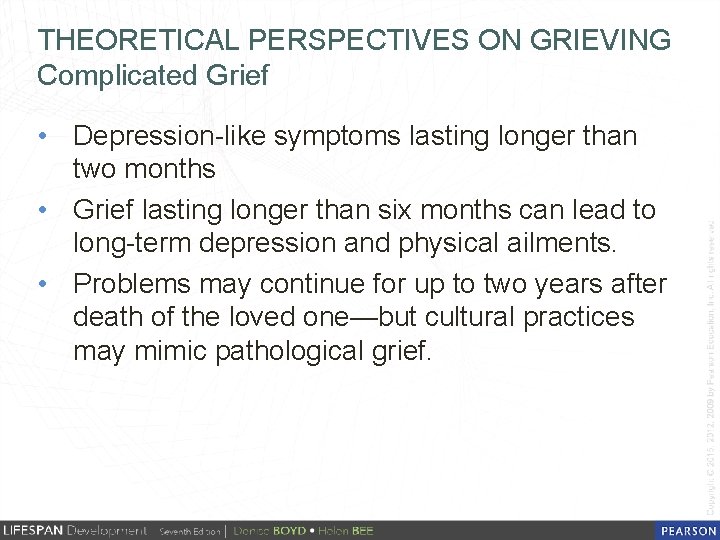 THEORETICAL PERSPECTIVES ON GRIEVING Complicated Grief • Depression-like symptoms lasting longer than two months