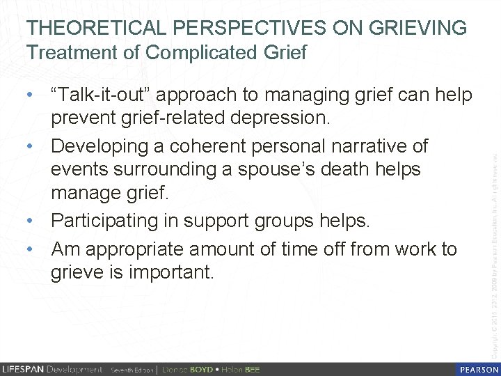 THEORETICAL PERSPECTIVES ON GRIEVING Treatment of Complicated Grief • “Talk-it-out” approach to managing grief