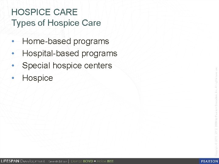 HOSPICE CARE Types of Hospice Care • • Home-based programs Hospital-based programs Special hospice
