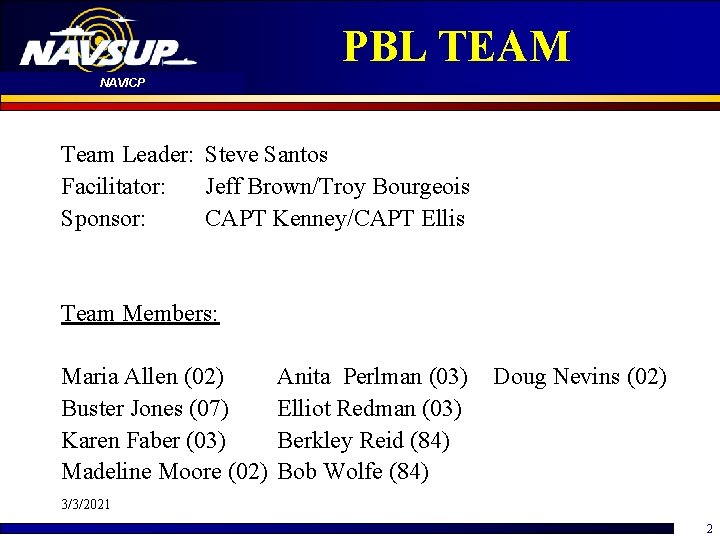 PBL TEAM NAVICP Team Leader: Steve Santos Facilitator: Jeff Brown/Troy Bourgeois Sponsor: CAPT Kenney/CAPT
