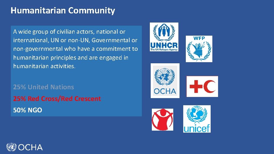 Humanitarian Community A wide group of civilian actors, national or international, UN or non-UN,