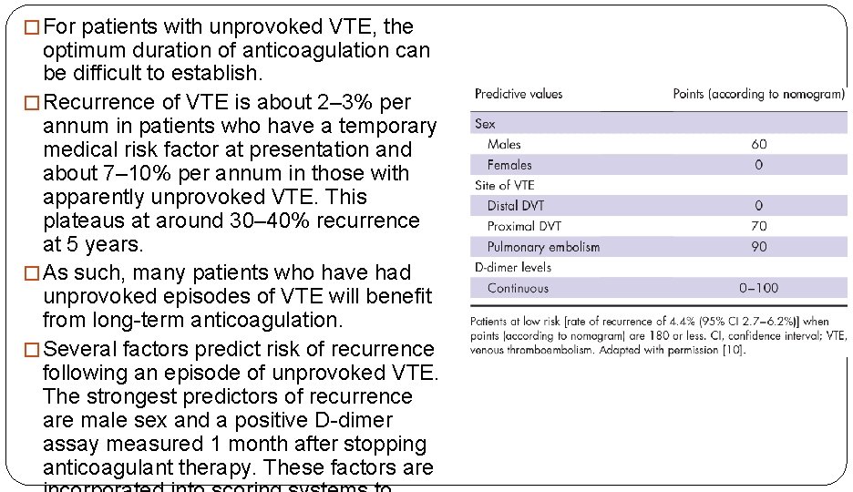 � For patients with unprovoked VTE, the optimum duration of anticoagulation can be difficult