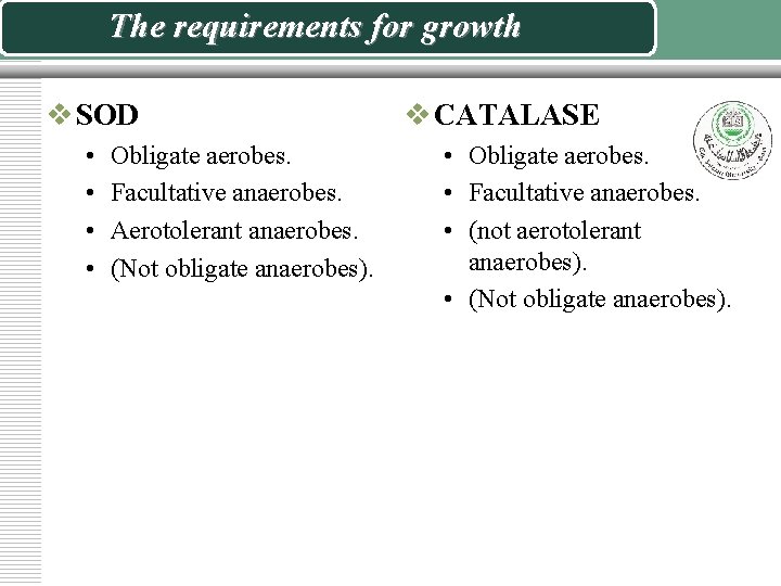 The requirements for growth v SOD • • Obligate aerobes. Facultative anaerobes. Aerotolerant anaerobes. The requirements for growth v SOD • • Obligate aerobes. Facultative anaerobes. Aerotolerant anaerobes.