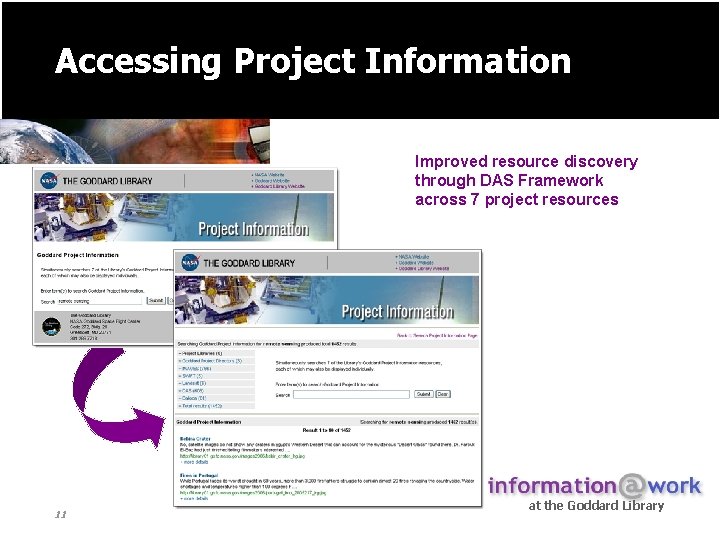 Accessing Project Information Improved resource discovery through DAS Framework across 7 project resources 11