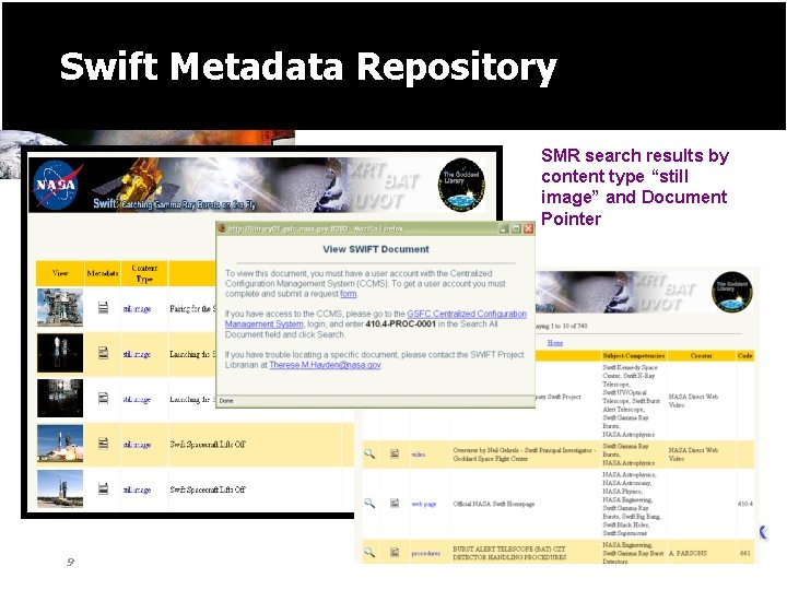 Swift Metadata Repository SMR search results by content type “still image” and Document Pointer