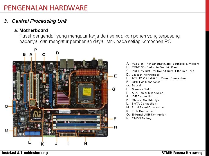 PENGENALAN HARDWARE 3. Central Processing Unit a. Motherboard Pusat pengendali yang mengatur kerja dari