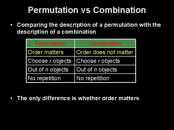 Permutation vs Combination • Comparing the description of a permutation with the description of Permutation vs Combination • Comparing the description of a permutation with the description of