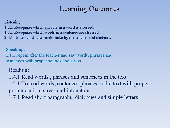 Learning Outcomes Listening: 1. 2. 1 Recognize which syllable in a word is stressed.