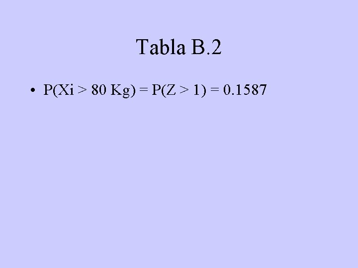 Tabla B. 2 • P(Xi > 80 Kg) = P(Z > 1) = 0.
