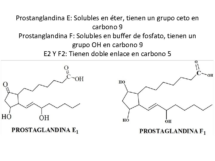 Prostanglandina E: Solubles en éter, tienen un grupo ceto en carbono 9 Prostanglandina F: Prostanglandina E: Solubles en éter, tienen un grupo ceto en carbono 9 Prostanglandina F:
