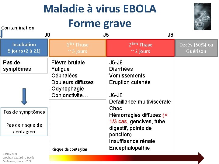 Contamination Maladie à virus EBOLA Forme grave J 0 Incubation 8 jours (2 à