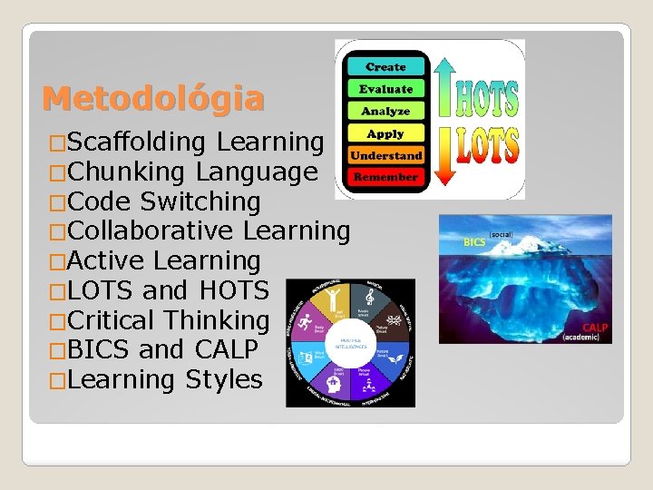 Metodológia �Scaffolding Learning �Chunking Language �Code Switching �Collaborative Learning �Active Learning �LOTS and HOTS