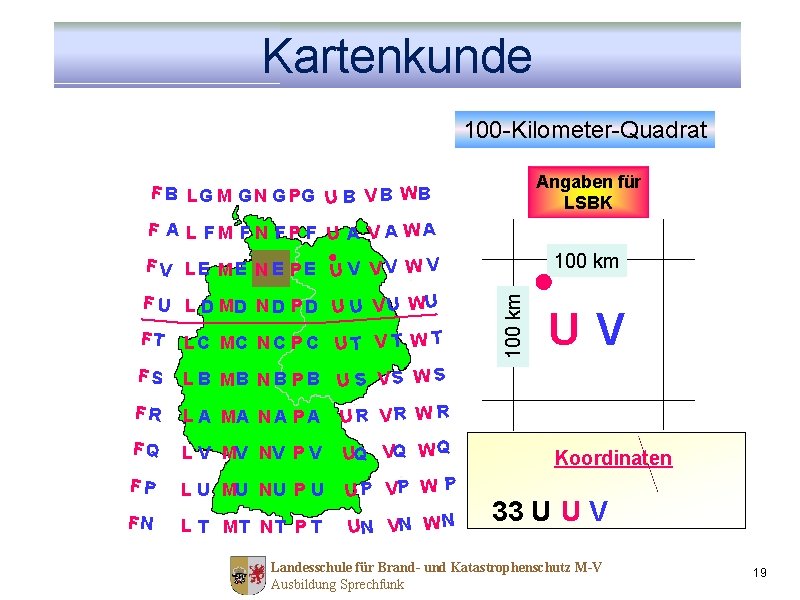 Kartenkunde 100 -Kilometer-Quadrat Angaben für LSBK F B L G M G N G