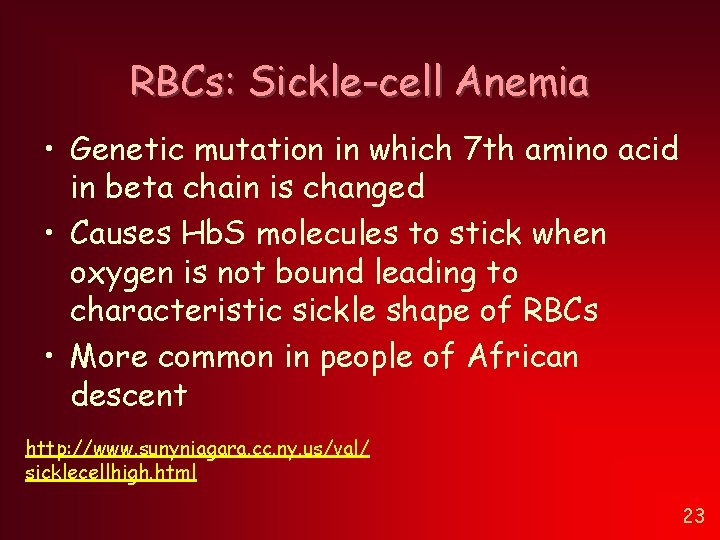RBCs: Sickle-cell Anemia • Genetic mutation in which 7 th amino acid in beta RBCs: Sickle-cell Anemia • Genetic mutation in which 7 th amino acid in beta