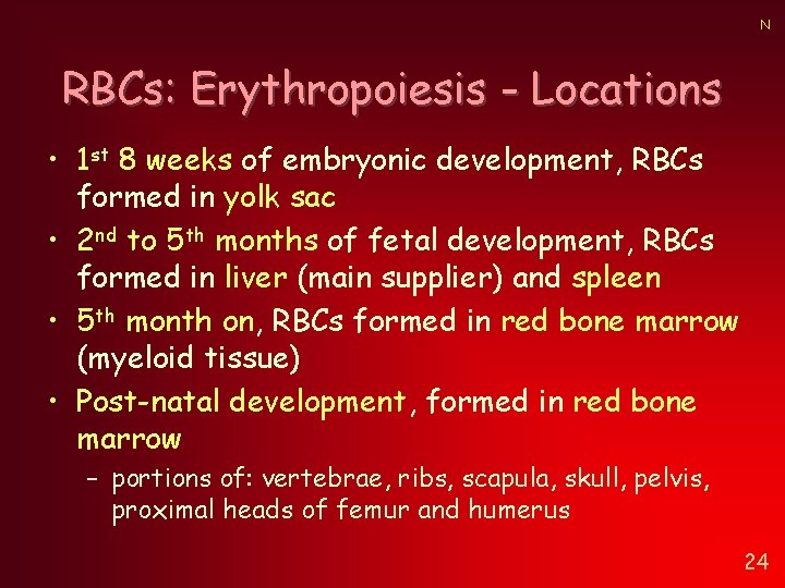 N RBCs: Erythropoiesis - Locations • 1 st 8 weeks of embryonic development, RBCs N RBCs: Erythropoiesis - Locations • 1 st 8 weeks of embryonic development, RBCs