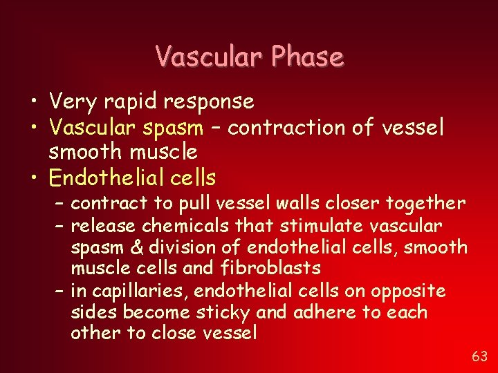 Vascular Phase • Very rapid response • Vascular spasm – contraction of vessel smooth Vascular Phase • Very rapid response • Vascular spasm – contraction of vessel smooth