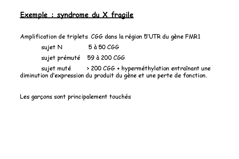 Exemple : syndrome du X fragile Amplification de triplets CGG dans la région 5’UTR