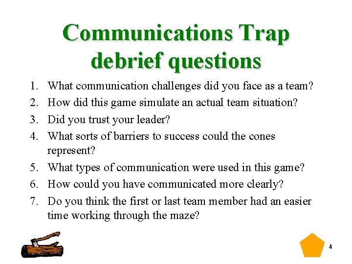 Communications Trap debrief questions 1. 2. 3. 4. What communication challenges did you face