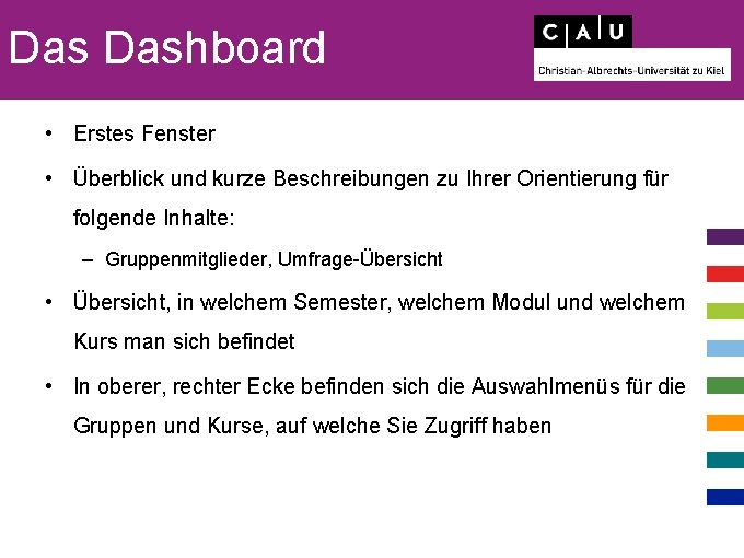 Das Dashboard • Erstes Fenster • Überblick und kurze Beschreibungen zu Ihrer Orientierung für