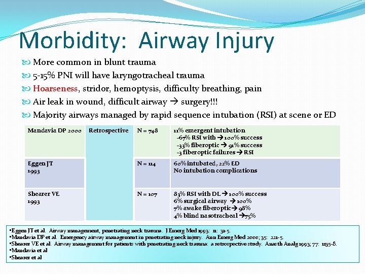 Morbidity: Airway Injury More common in blunt trauma 5 -15% PNI will have laryngotracheal