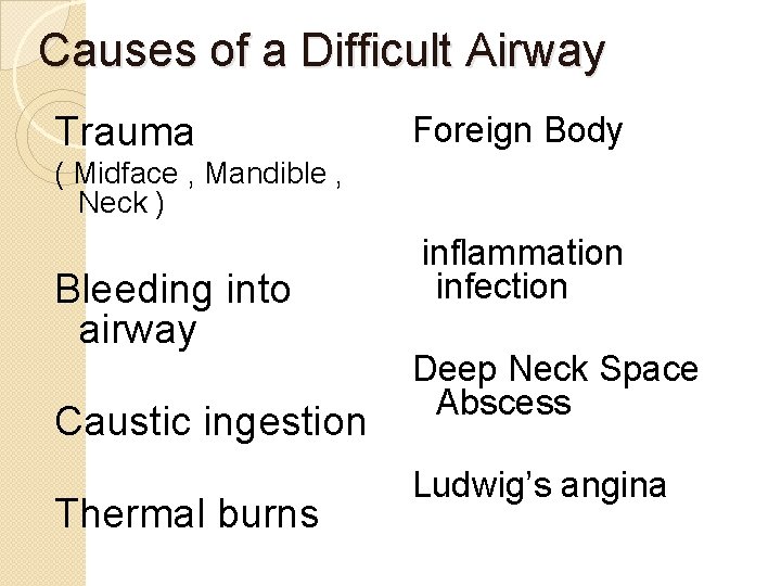 Causes of a Difficult Airway Trauma Foreign Body ( Midface , Mandible , Neck