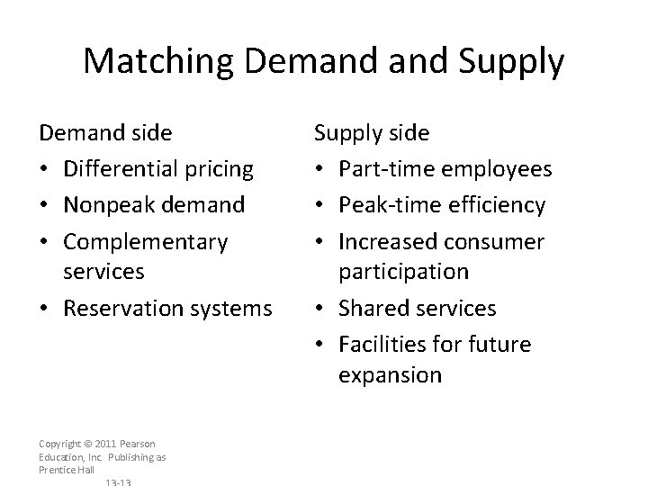 Matching Demand Supply Demand side • Differential pricing • Nonpeak demand • Complementary services