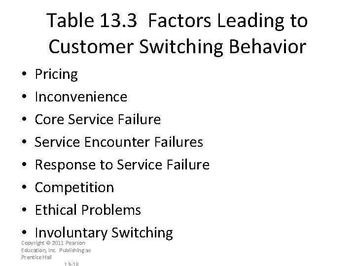 Table 13. 3 Factors Leading to Customer Switching Behavior • • Pricing Inconvenience Core